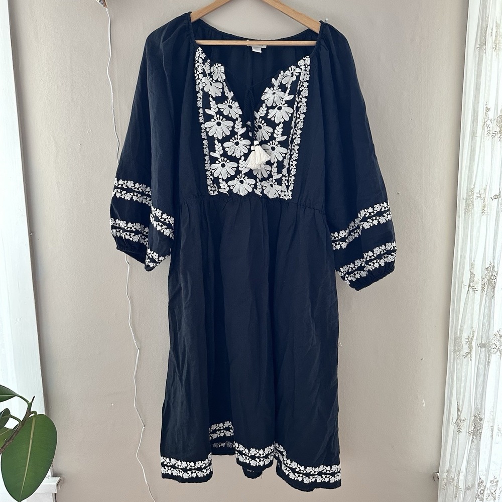 Sundance Womens Boho Embroidered Dress Size XL Black Peasant Floral Josephena